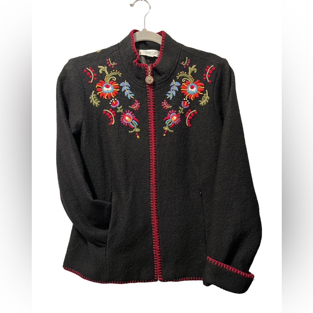 Cold water Creek Wool Full Zip Flower Embroidered Jacket Size Small